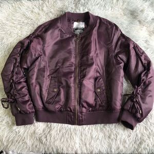 Kensie Lace Up Sleeve Satin Bomber Jacket L